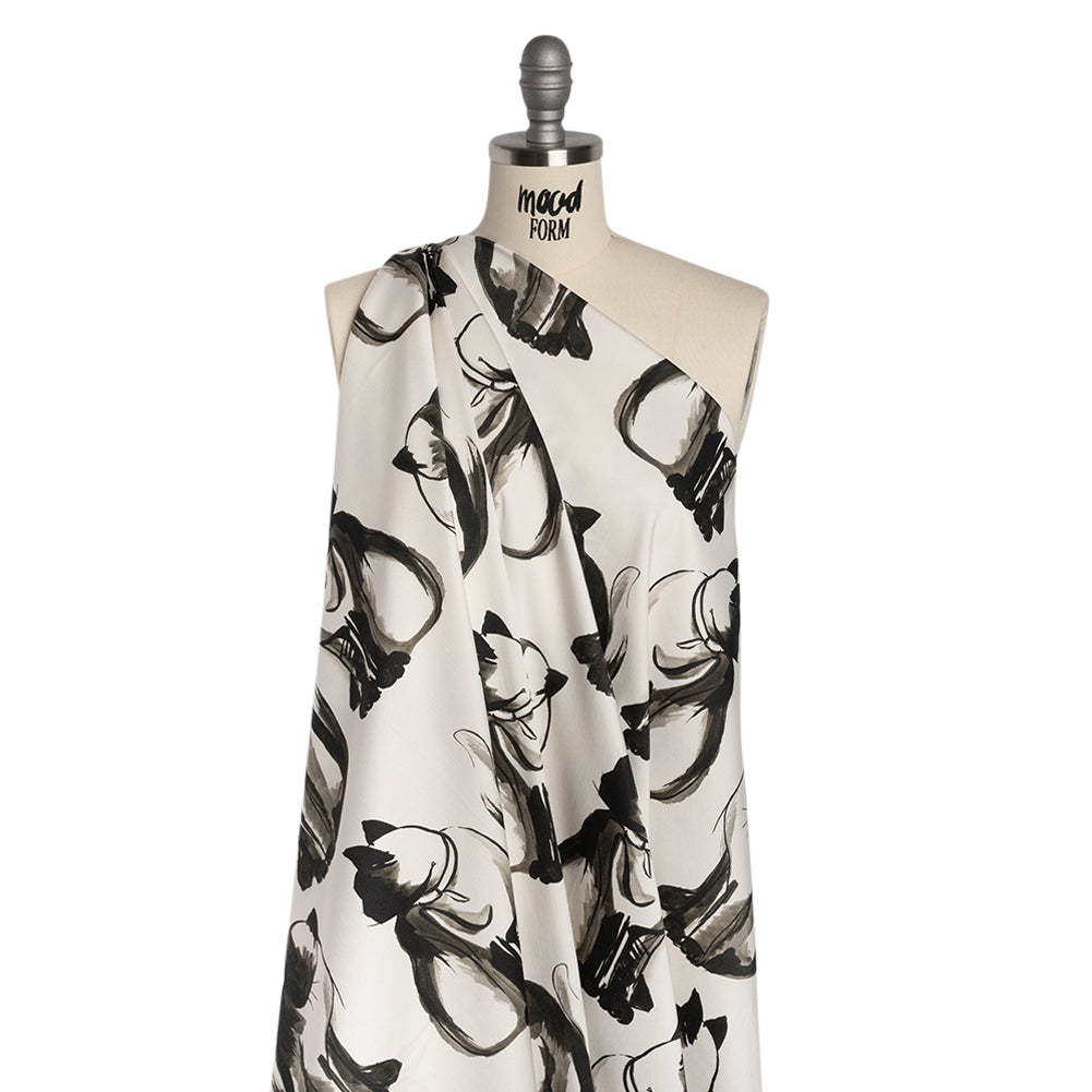 Stretch Cotton Sateen - Inky Cats - Feline Phantasm Print - Mood Exclusive Twilight Collection Drape