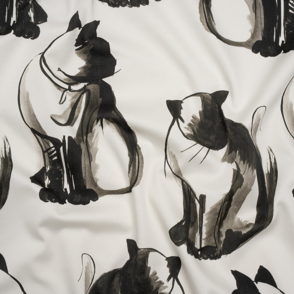 Stretch Cotton Sateen - Inky Cats - Feline Phantasm Print - Mood Exclusive Twilight Collection - Drape