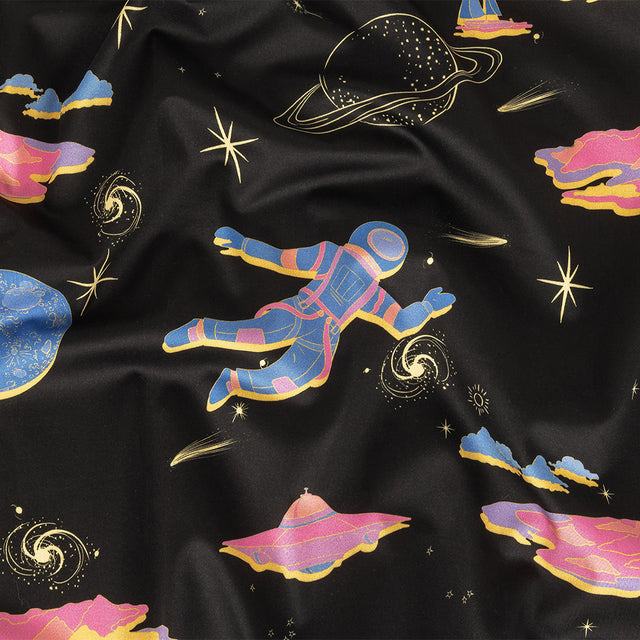 Stretch Cotton Sateen - Black, Pink and Blue Astronauts in Space - Sweet Dreams Print - Mood Exclusive Sugar Collection