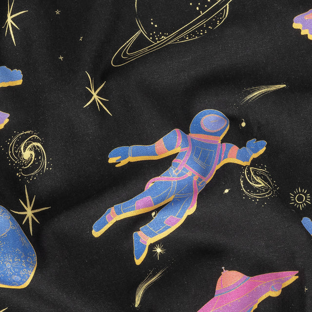 Linen and Rayon Woven - Black, Pink and Blue Astronauts in Space - Sweet Dreams Print - Mood Exclusive Sugar Collection