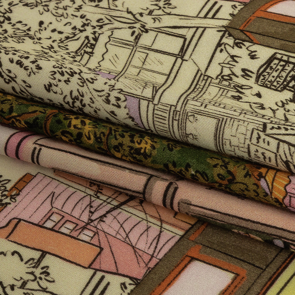 Rayon Challis - Multicolor Streetscapes and Trees - Growing Roots Print - Mood Exclusive Wisteria Collection Folded