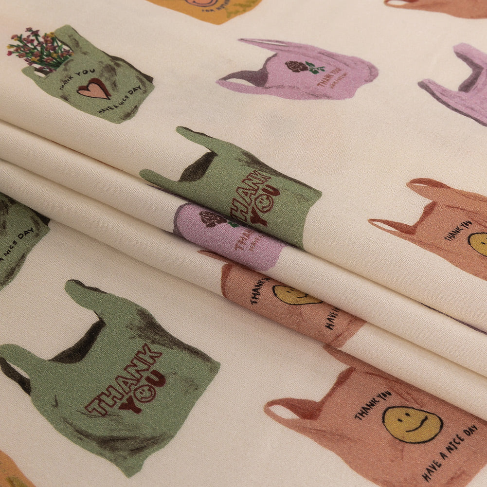 Rayon Challis - Purple, Yellow and Green Shopping Bags - Come Again Soon Print - Mood Exclusive Wisteria Collection Folded