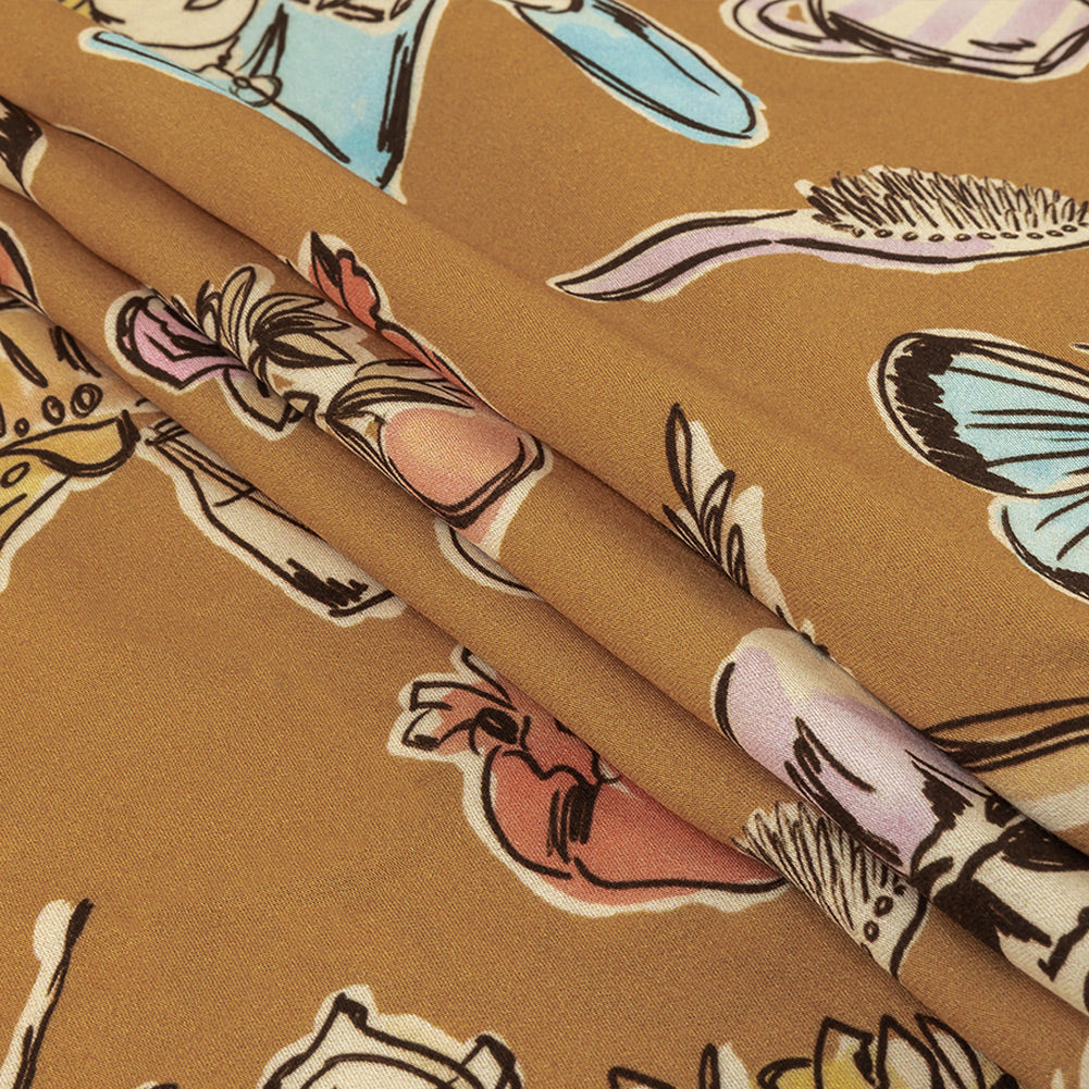 Rayon Challis - Golden Faces and Objects - Everyday Goddess Print - Mood Exclusive Wisteria Collection Folded