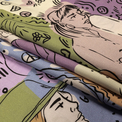 Rayon Challis - Purple and Green Figures and Doodles - Serene Souls Print - Mood Exclusive Wisteria Collection Folded