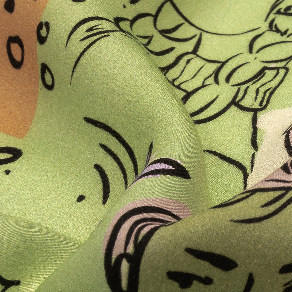Rayon Challis - Purple and Green Figures and Doodles - Serene Souls Print - Mood Exclusive Wisteria Collection Detail