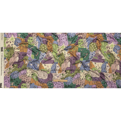 Rayon Challis - Purple and Green Figures and Doodles - Serene Souls Print - Mood Exclusive Wisteria Collection Full