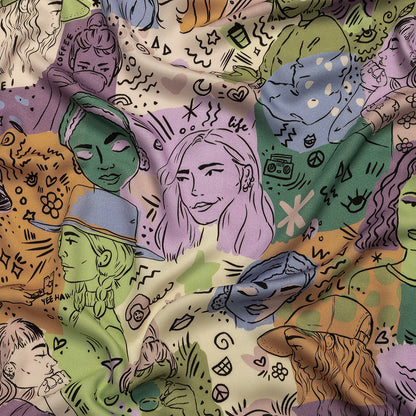 Rayon Challis - Purple and Green Figures and Doodles - Serene Souls Print - Mood Exclusive Wisteria Collection