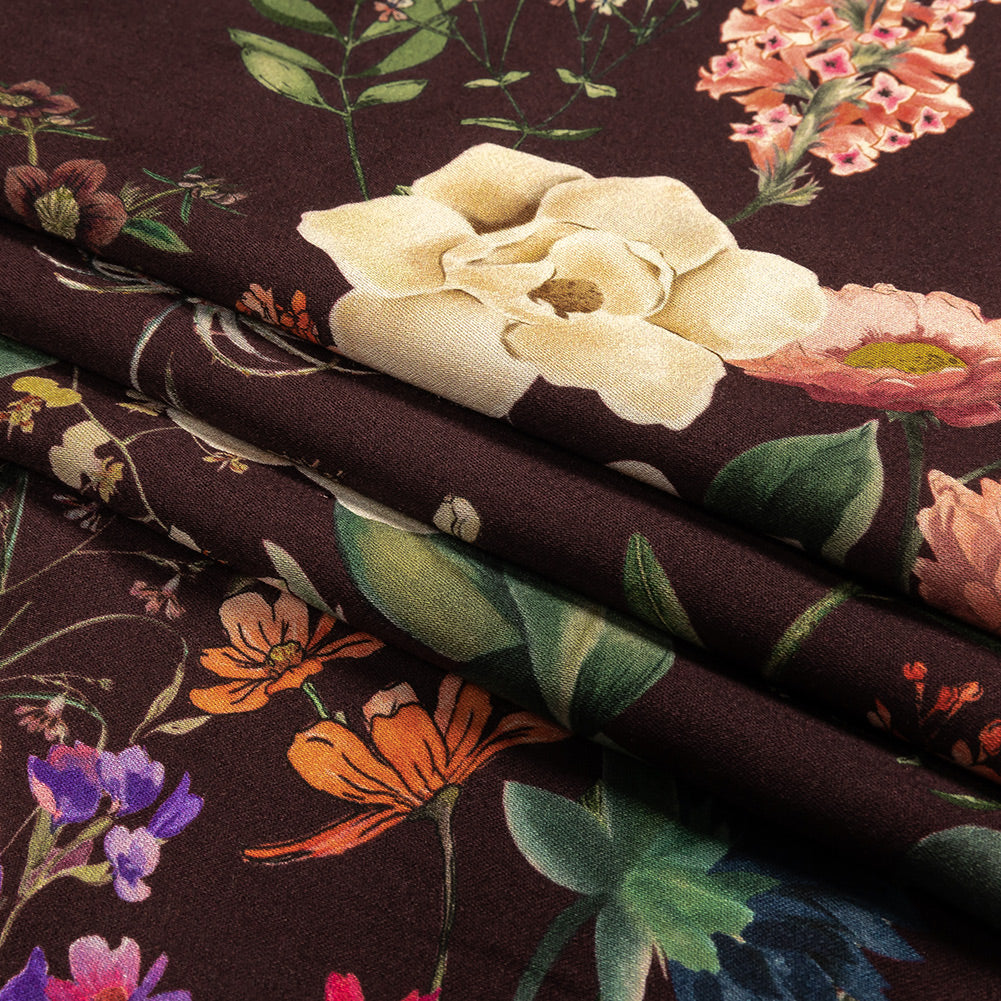 Rayon Challis - Deep Purple Floral - Baroque Bouquet Print - Mood Exclusive Wisteria Collection Folded
