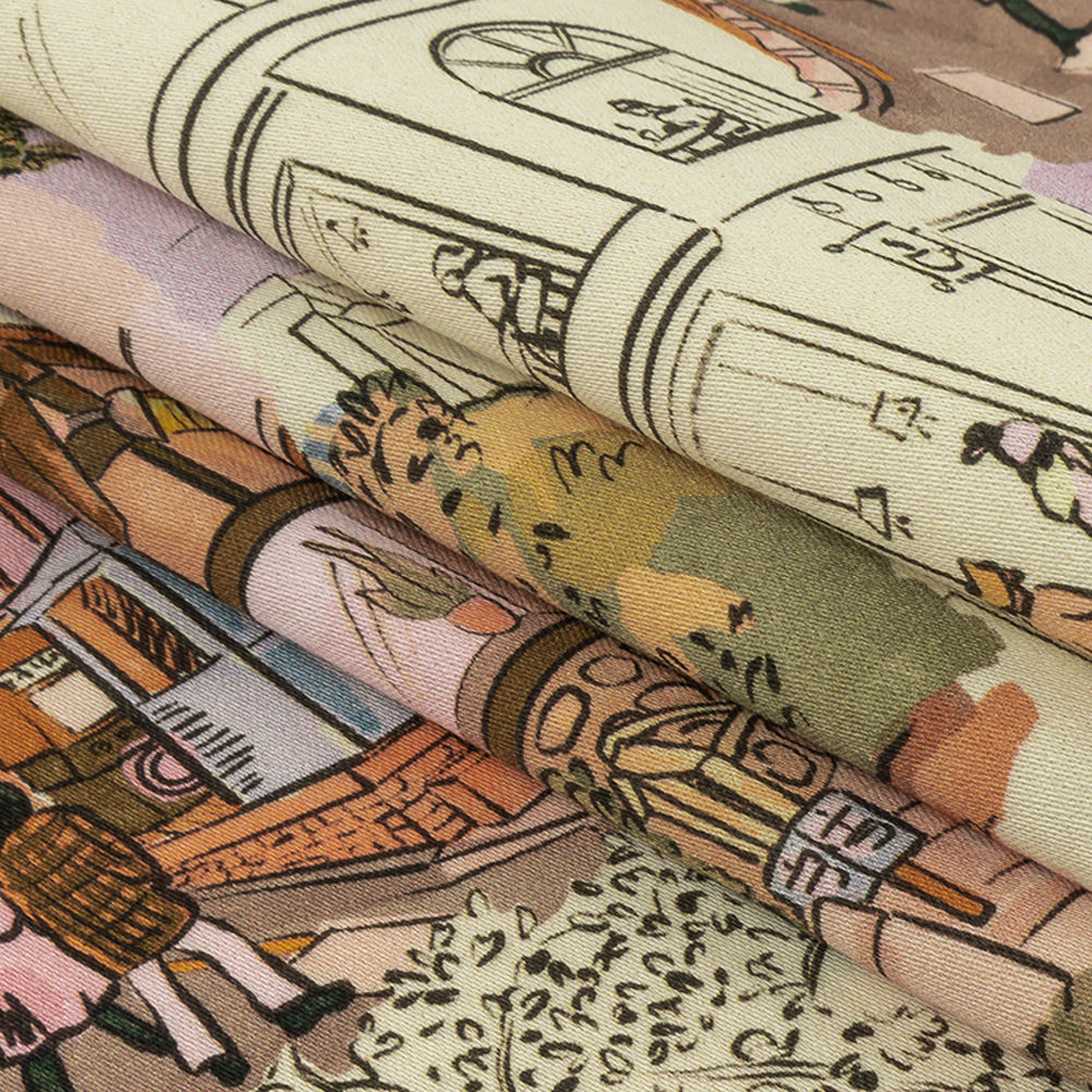 Stretch Cotton Sateen - Multicolor Streetscapes and Trees - Growing Roots Print - Mood Exclusive Wisteria Collection Folded