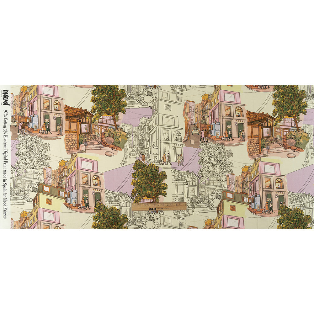 Stretch Cotton Sateen - Multicolor Streetscapes and Trees - Growing Roots Print - Mood Exclusive Wisteria Collection Full