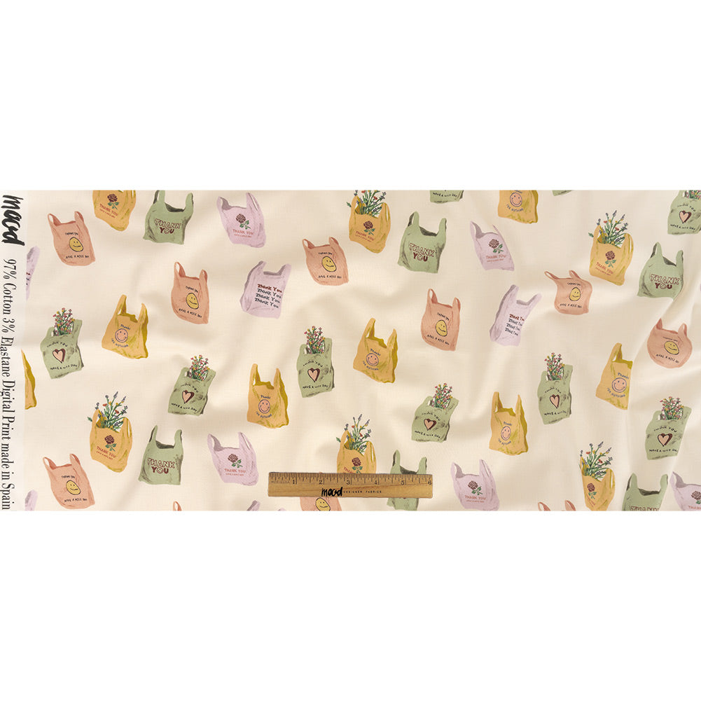 Stretch Cotton Sateen - Purple, Yellow and Green Shopping Bags - Come Again Soon Print - Mood Exclusive Wisteria Collection Full