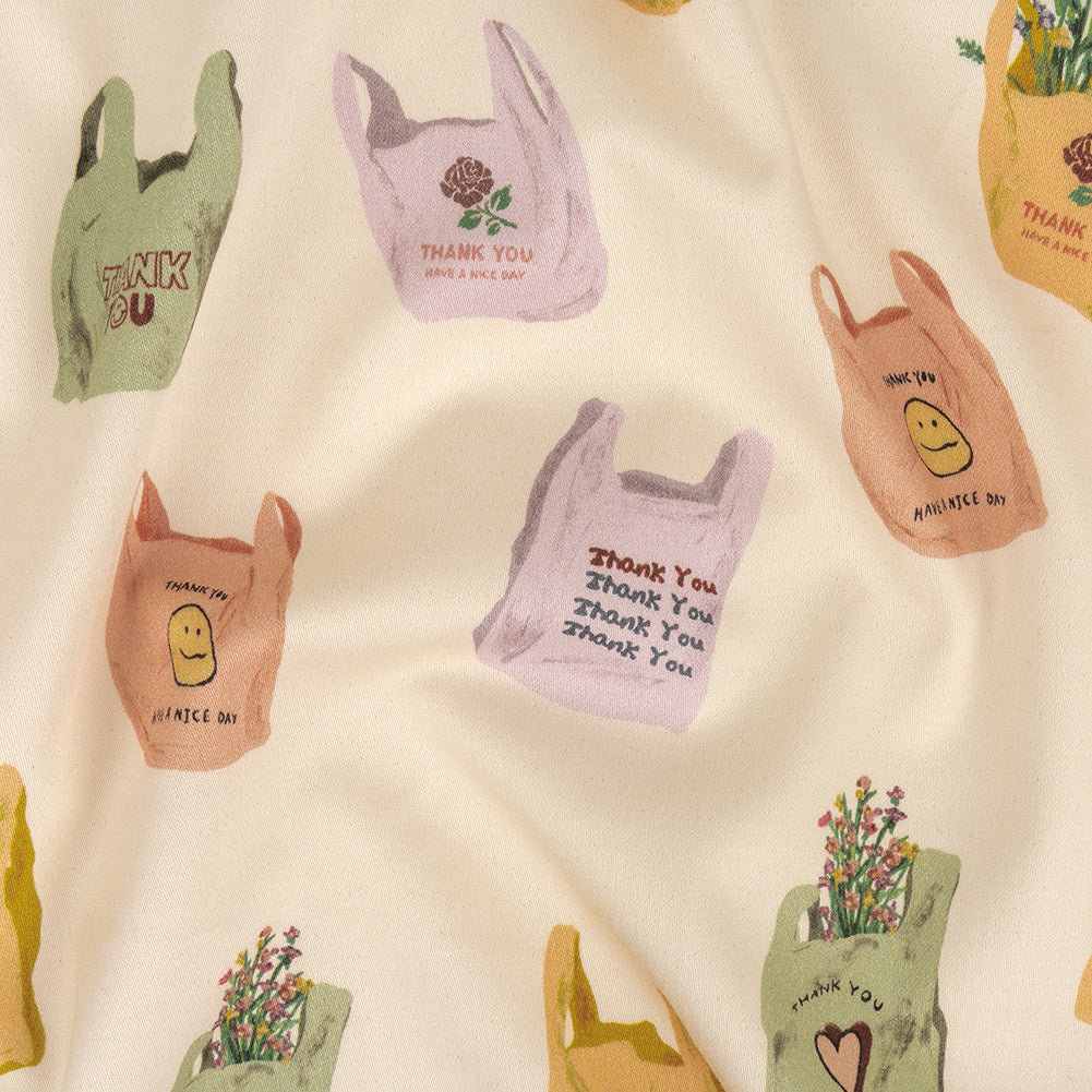 Stretch Cotton Sateen - Purple, Yellow and Green Shopping Bags - Come Again Soon Print - Mood Exclusive Wisteria Collection