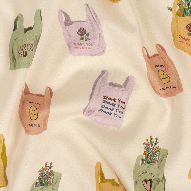 Stretch Cotton Sateen - Purple, Yellow and Green Shopping Bags - Come Again Soon Print - Mood Exclusive Wisteria Collection