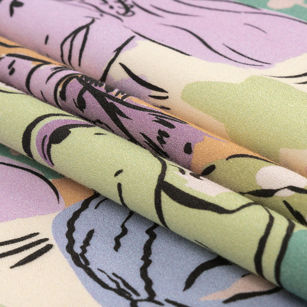 Stretch Cotton Sateen - Purple and Green Figures and Doodles - Serene Souls Print - Mood Exclusive Wisteria Collection Folded