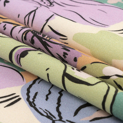 Stretch Cotton Sateen - Purple and Green Figures and Doodles - Serene Souls Print - Mood Exclusive Wisteria Collection Folded