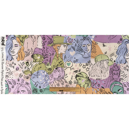 Stretch Cotton Sateen - Purple and Green Figures and Doodles - Serene Souls Print - Mood Exclusive Wisteria Collection Full