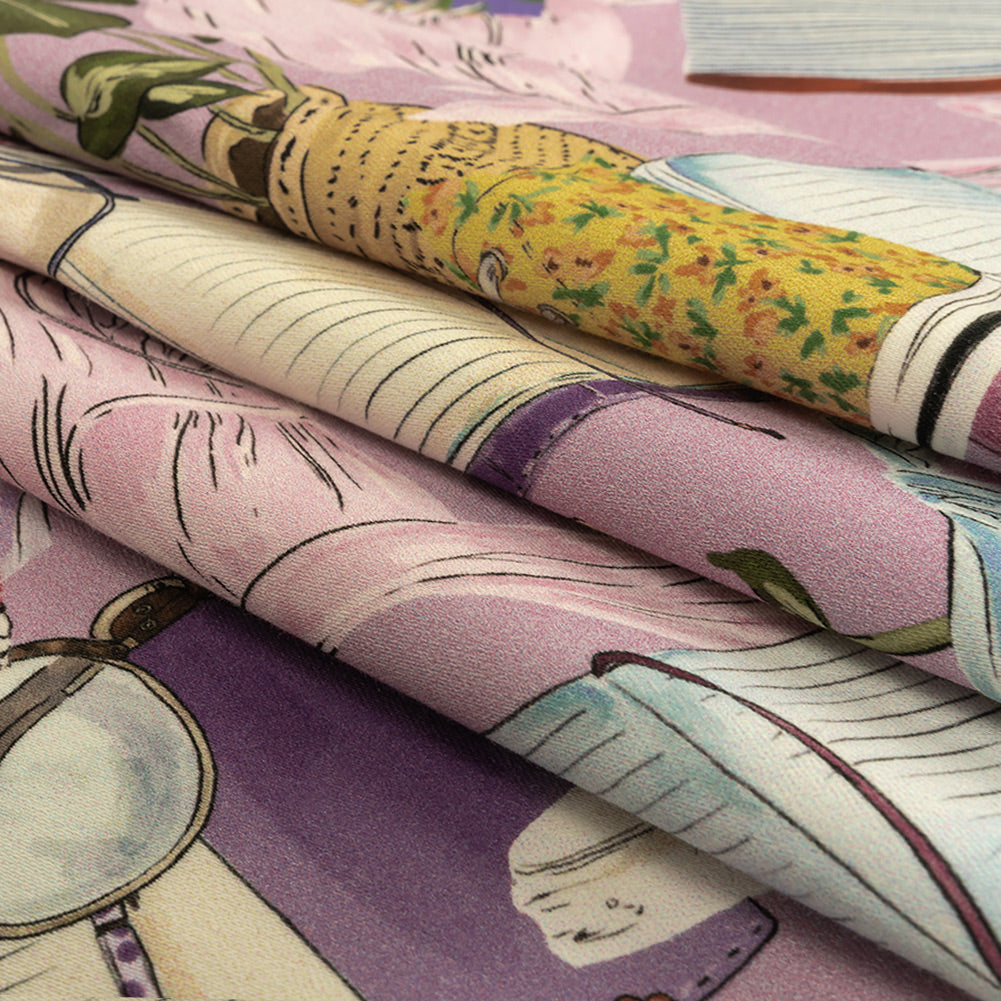 Stretch Cotton Sateen - Lavender Clothes and Plants - Morning Memory Print - Mood Exclusive Wisteria Collection Folded