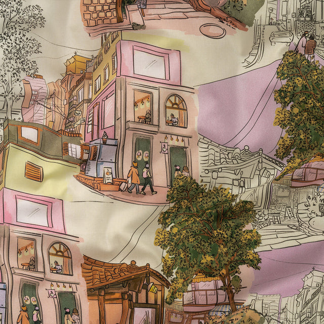Cotton Voile - Multicolor Streetscapes and Trees - Growing Roots Print - Mood Exclusive Wisteria Collection