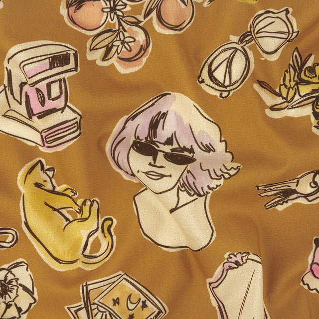 Cotton Voile - Golden Faces and Objects - Everyday Goddess Print - Mood Exclusive Wisteria Collection