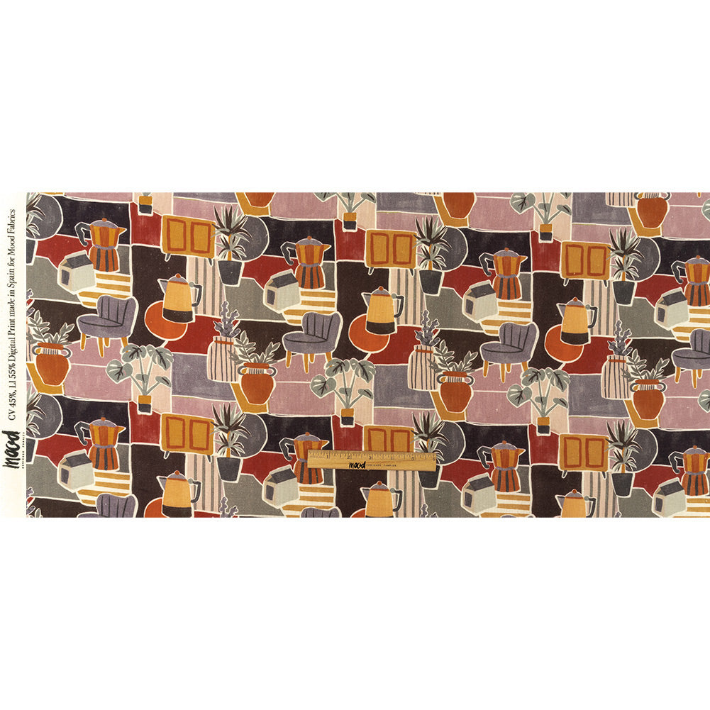 Linen and Rayon Woven - Purple and Orange Plants and Furniture - Peaceful Waking Print - Mood Exclusive Wisteria Collection Full
