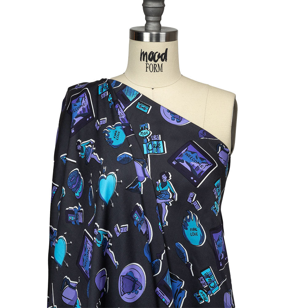 Rayon Challis - Purple and Blue Iconic Symbols - Live at Sun Studio Print - Mood Exclusive Indigo Collection - Drape