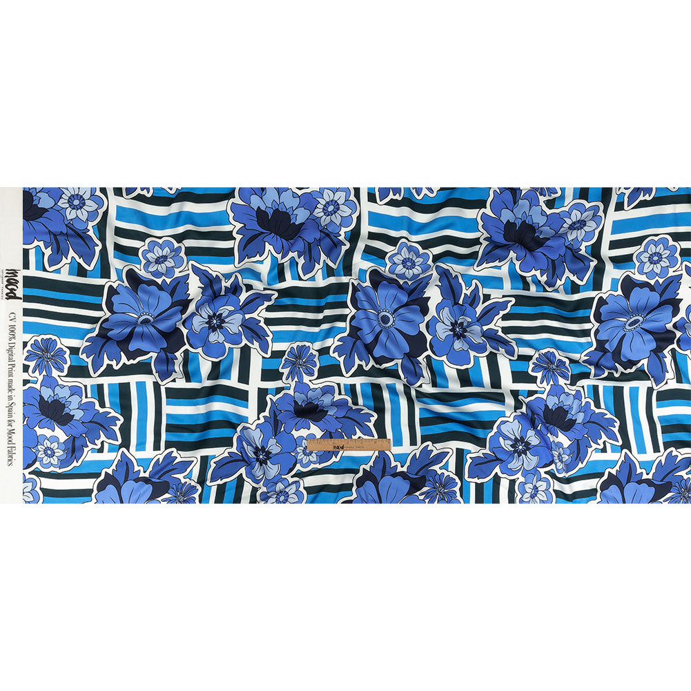 Rayon Challis - Flowers and Stripes - Stuck on Blue Print - Mood Exclusive Indigo Collection - Full
