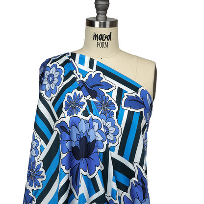 Rayon Challis - Flowers and Stripes - Stuck on Blue Print - Mood Exclusive Indigo Collection