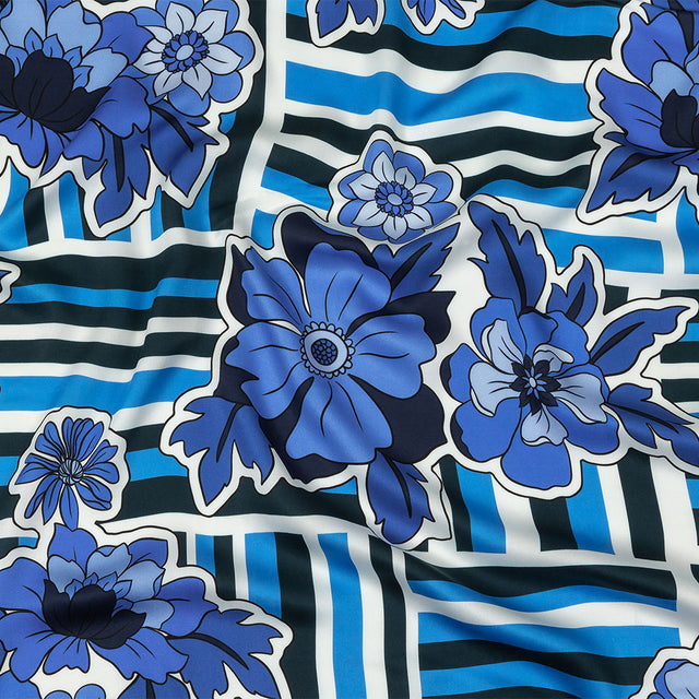 Rayon Challis - Flowers and Stripes - Stuck on Blue Print - Mood Exclusive Indigo Collection