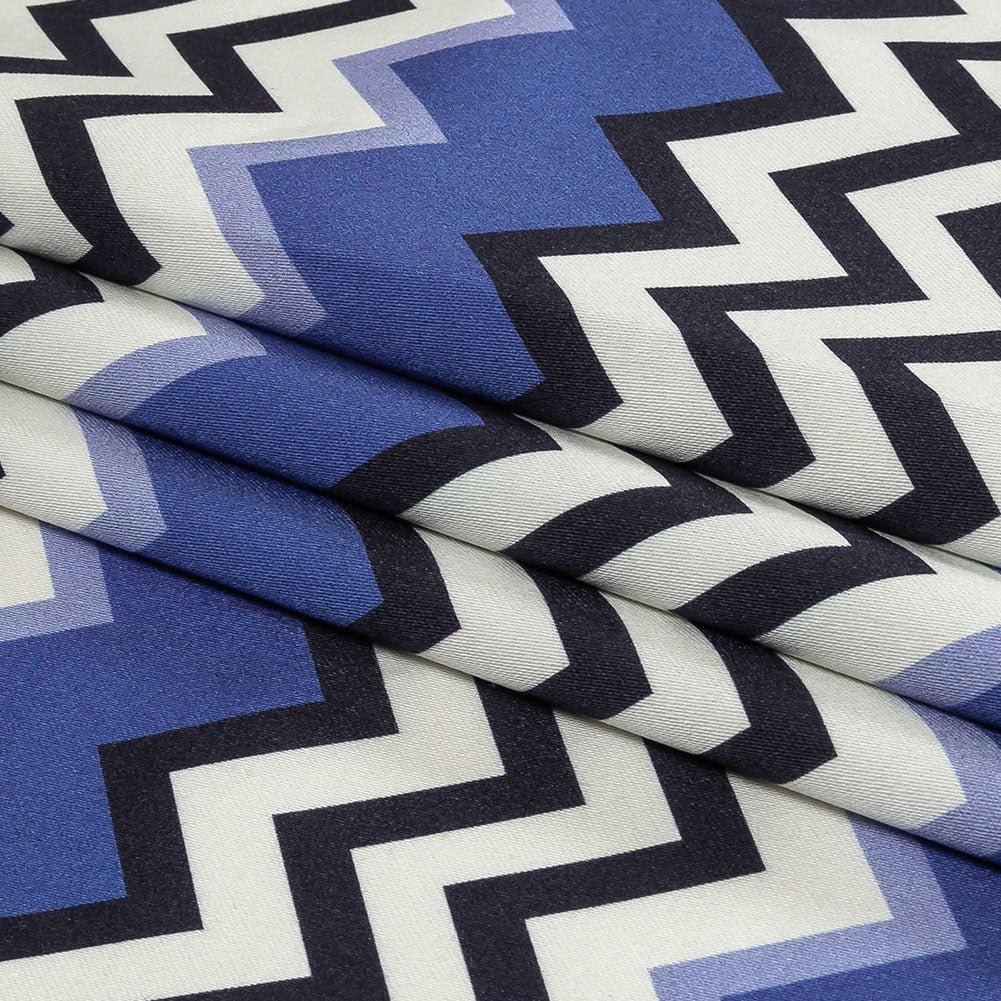 Stretch Cotton Sateen - Blue and Black Zig Zags - Blues Night Print - Mood Exclusive Indigo Collection - Folded
