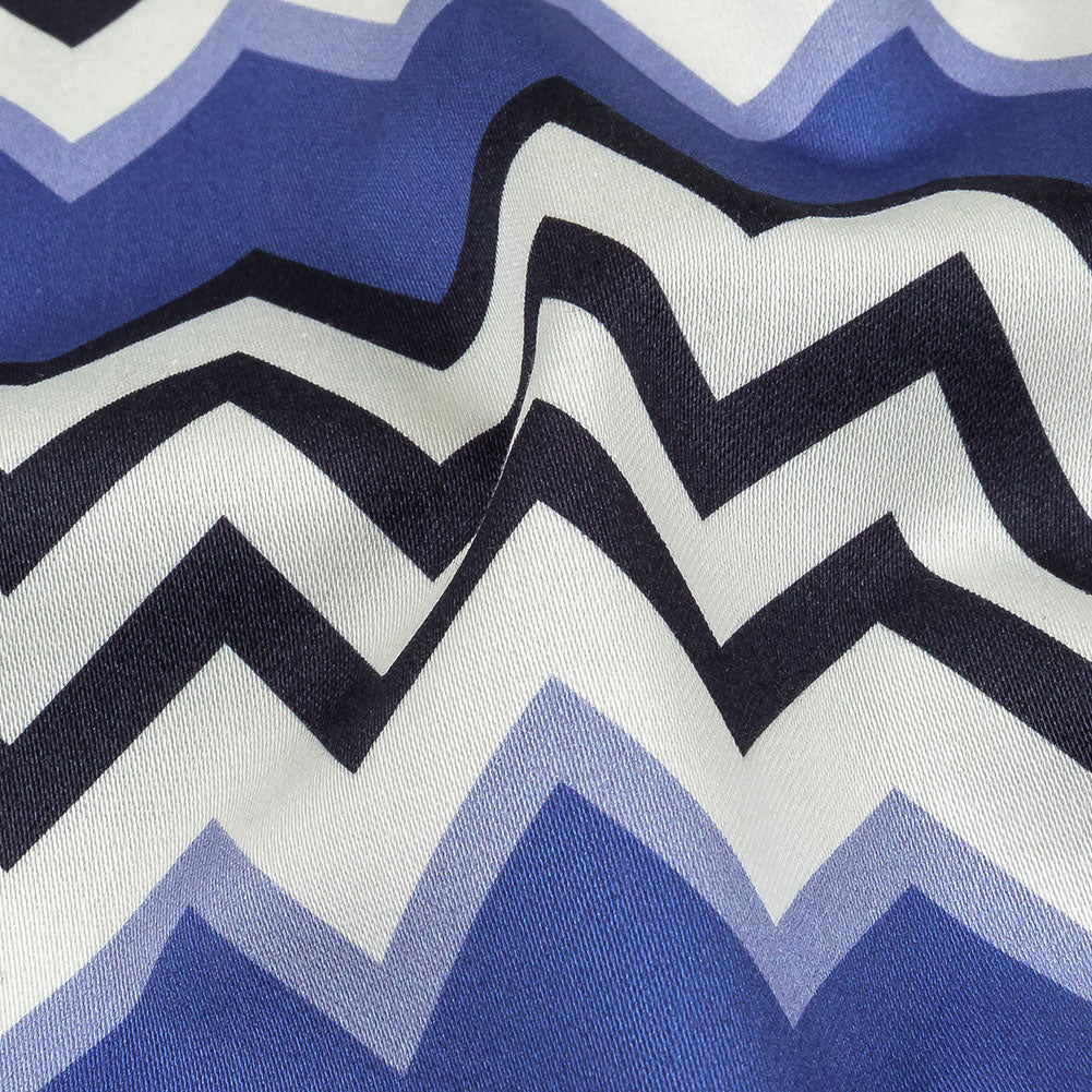 Stretch Cotton Sateen - Blue and Black Zig Zags - Blues Night Print - Mood Exclusive Indigo Collection - Detail