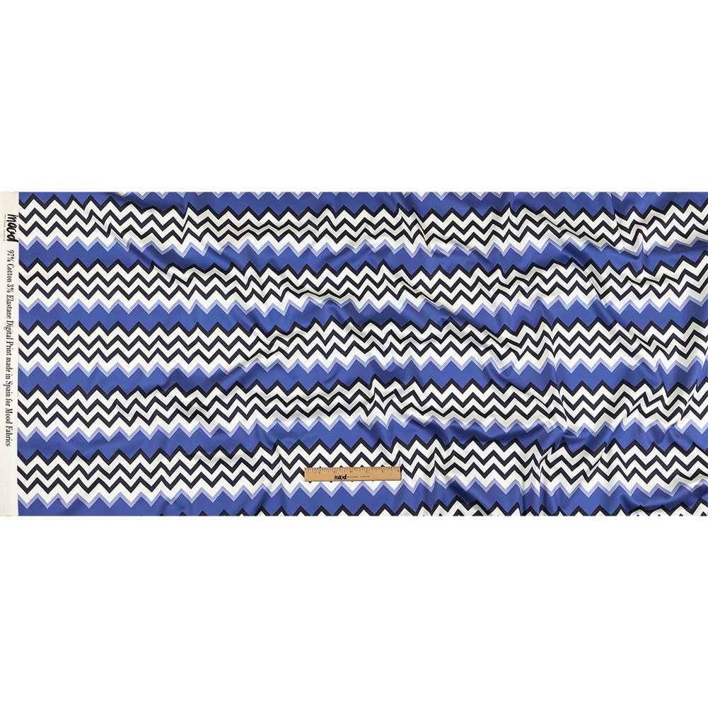Stretch Cotton Sateen - Blue and Black Zig Zags - Blues Night Print - Mood Exclusive Indigo Collection - Full
