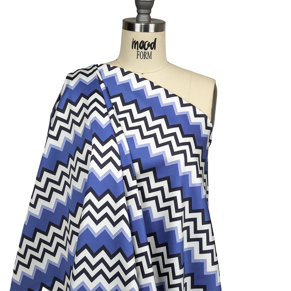 Stretch Cotton Sateen - Blue and Black Zig Zags - Blues Night Print - Mood Exclusive Indigo Collection - Drape