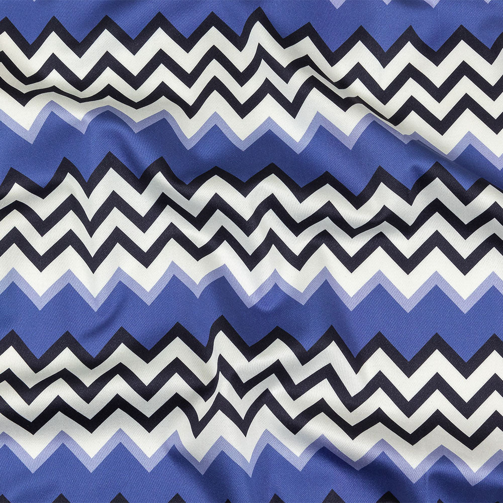 Stretch Cotton Sateen - Blue and Black Zig Zags - Blues Night Print - Mood Exclusive Indigo Collection