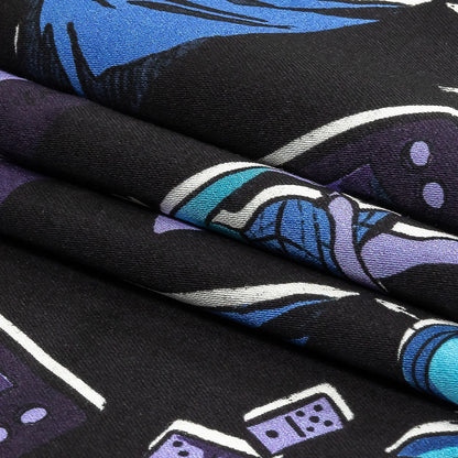 Stretch Cotton Sateen - Purple and Blue Iconic Symbols - Live at Sun Studio Print - Mood Exclusive Indigo Collection