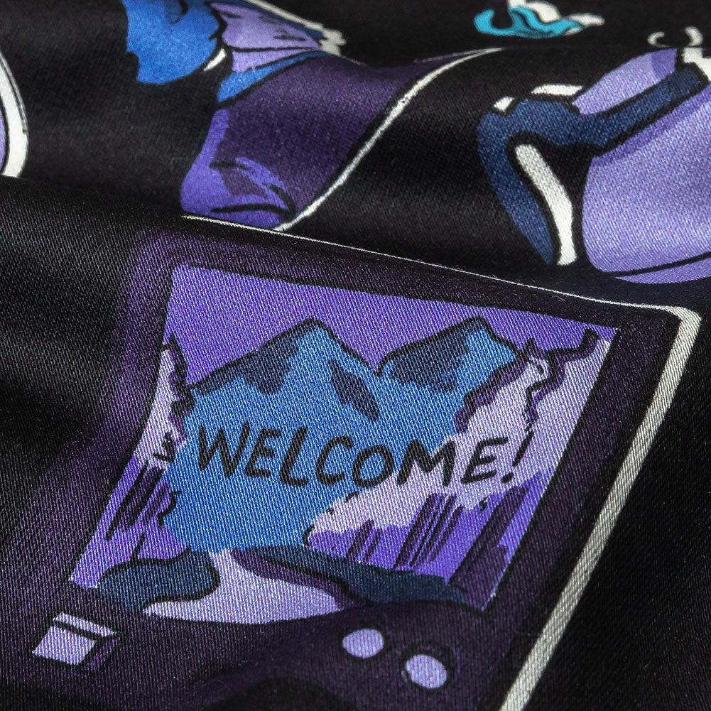 Stretch Cotton Sateen - Purple and Blue Iconic Symbols - Live at Sun Studio Print - Mood Exclusive Indigo Collection - Detail