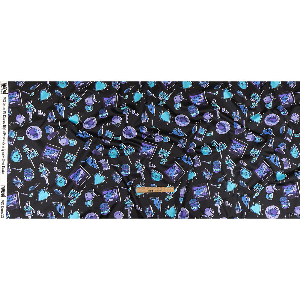 Stretch Cotton Sateen - Purple and Blue Iconic Symbols - Live at Sun Studio Print - Mood Exclusive Indigo Collection - Full