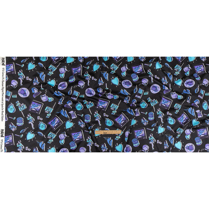 Stretch Cotton Sateen - Purple and Blue Iconic Symbols - Live at Sun Studio Print - Mood Exclusive Indigo Collection