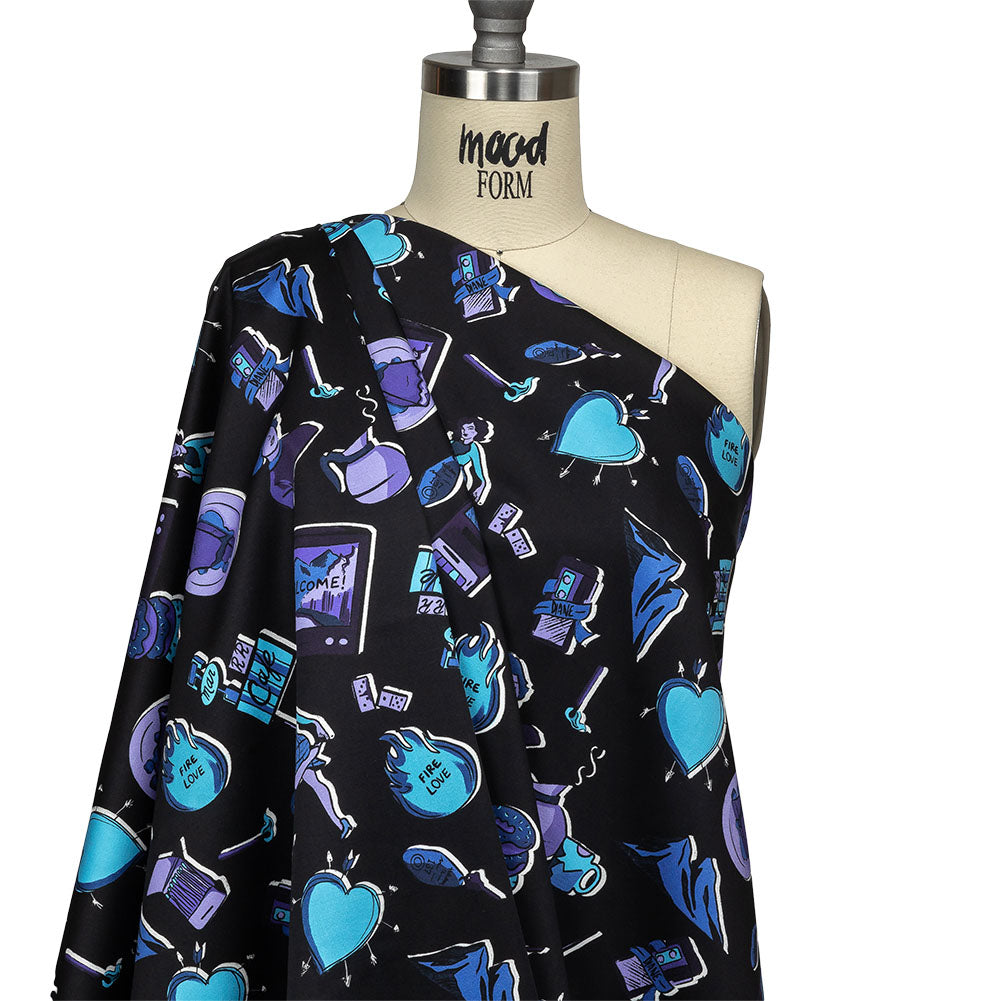 Stretch Cotton Sateen - Purple and Blue Iconic Symbols - Live at Sun Studio Print - Mood Exclusive Indigo Collection - Drape