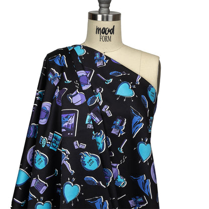 Stretch Cotton Sateen - Purple and Blue Iconic Symbols - Live at Sun Studio Print - Mood Exclusive Indigo Collection