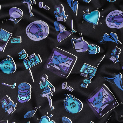 Stretch Cotton Sateen - Purple and Blue Iconic Symbols - Live at Sun Studio Print - Mood Exclusive Indigo Collection