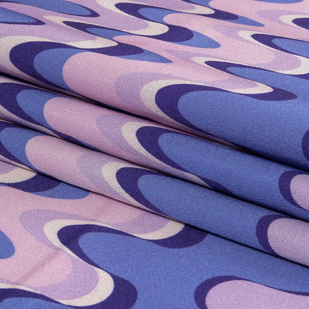 Stretch Cotton Sateen - Purple and Blue Bubbly Zig Zags - Blue Jay Waves Print - Mood Exclusive Indigo Collection - Folded