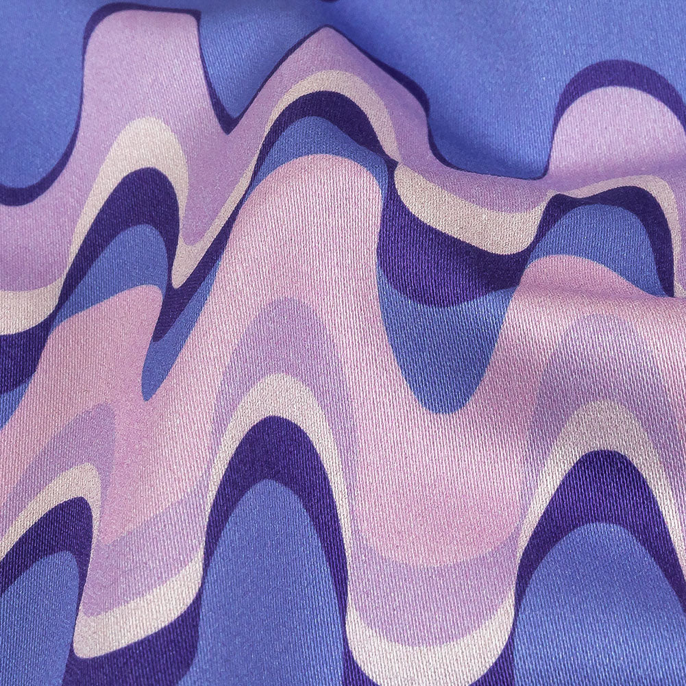 Stretch Cotton Sateen - Purple and Blue Bubbly Zig Zags - Blue Jay Waves Print - Mood Exclusive Indigo Collection - Detail