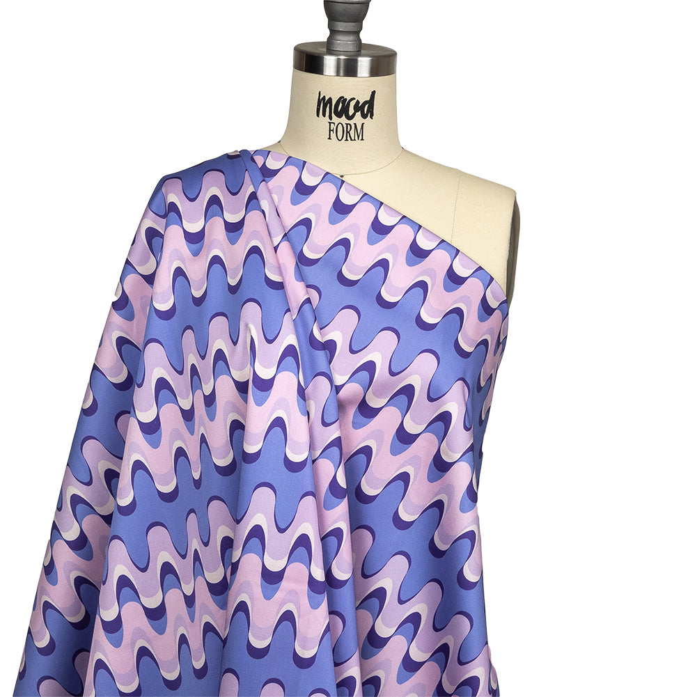 Stretch Cotton Sateen - Purple and Blue Bubbly Zig Zags - Blue Jay Waves Print - Mood Exclusive Indigo Collection - Drape