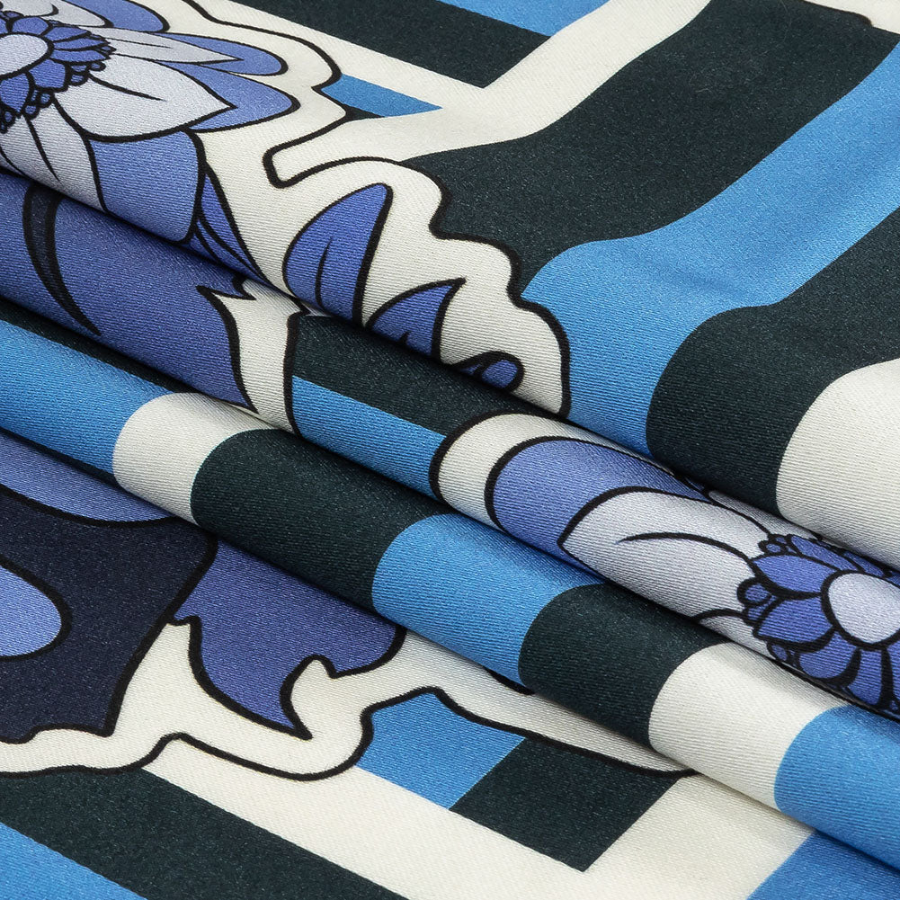 Stretch Cotton Sateen - Flowers and Stripes - Stuck on Blue Print - Mood Exclusive Indigo Collection - Folded