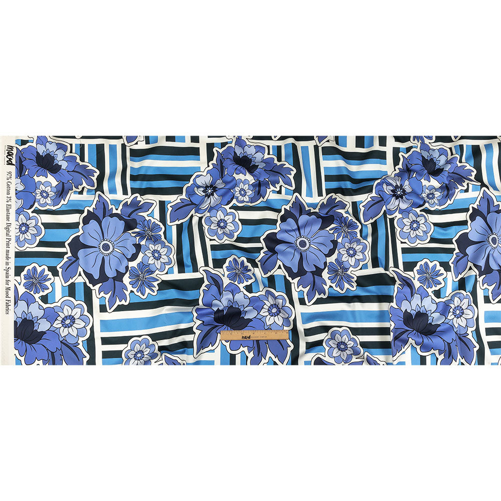 Stretch Cotton Sateen - Flowers and Stripes - Stuck on Blue Print - Mood Exclusive Indigo Collection - Full