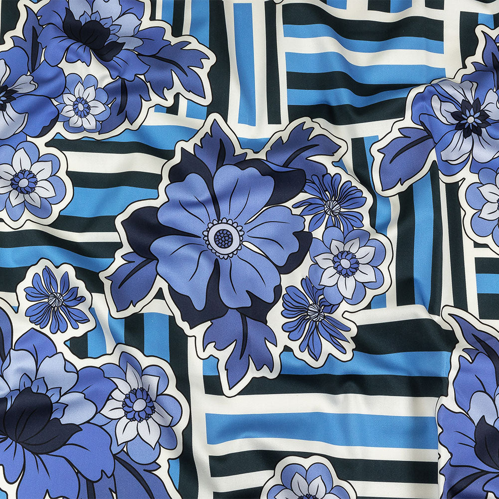 Stretch Cotton Sateen - Flowers and Stripes - Stuck on Blue Print - Mood Exclusive Indigo Collection