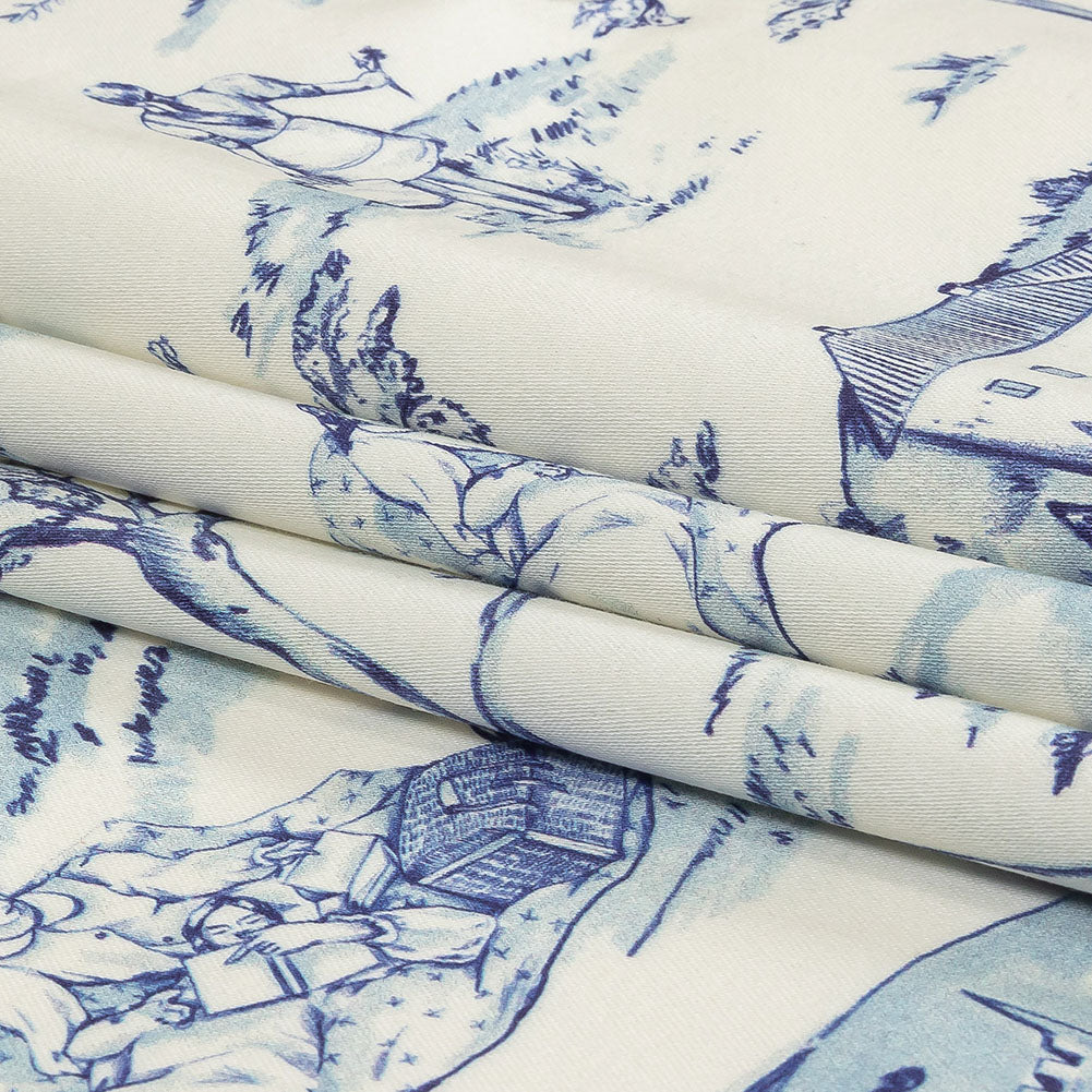 Stretch Cotton Sateen - Blue and White Toile - Blue Period Print - Mood Exclusive Indigo Collection - Folded