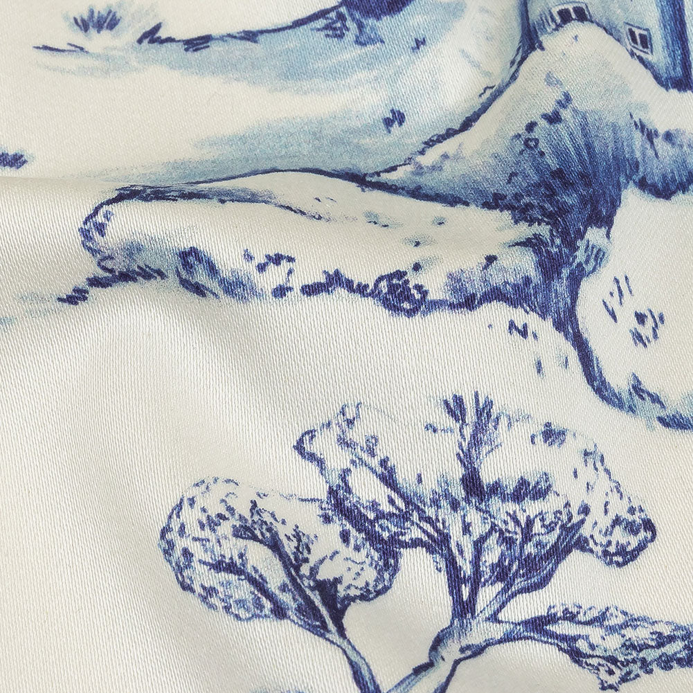 Stretch Cotton Sateen - Blue and White Toile - Blue Period Print - Mood Exclusive Indigo Collection - Detail