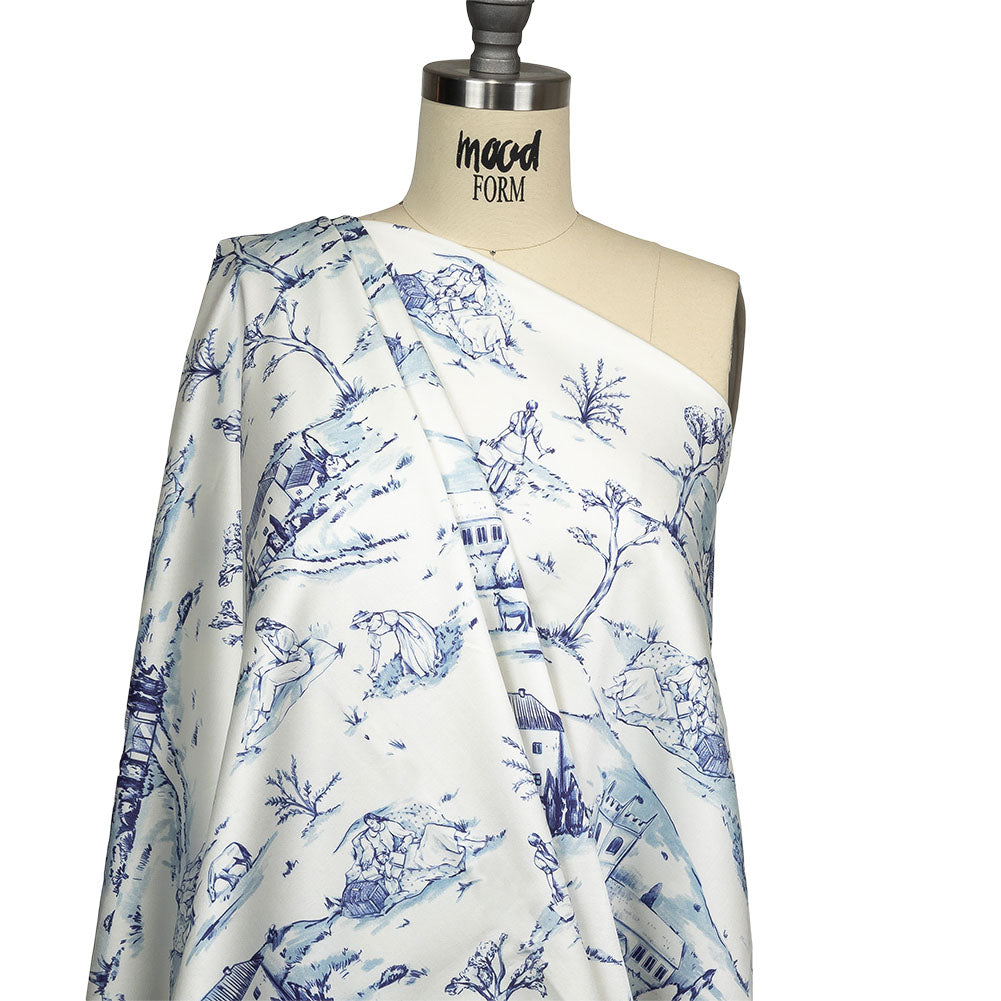 Stretch Cotton Sateen - Blue and White Toile - Blue Period Print - Mood Exclusive Indigo Collection - Drape