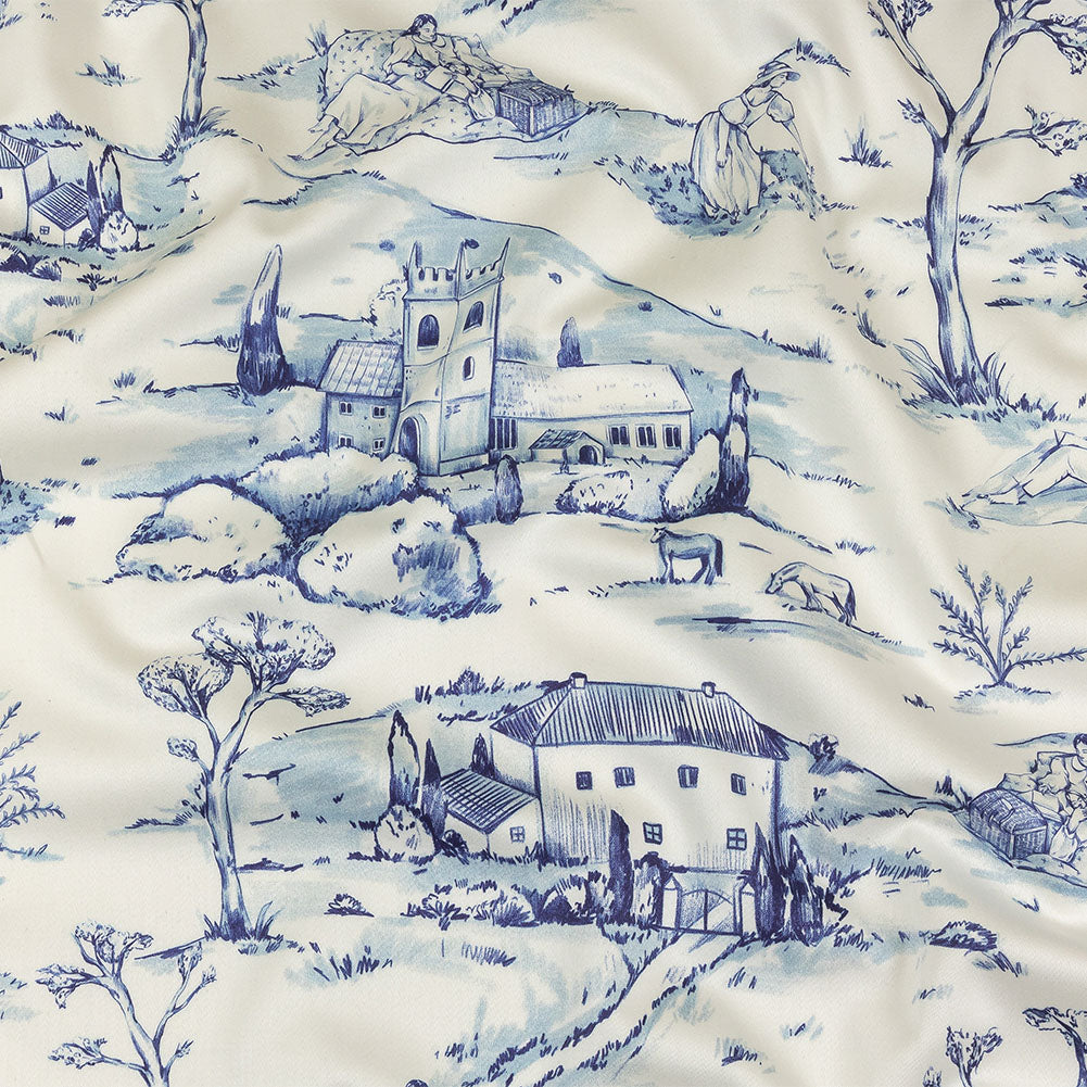 Stretch Cotton Sateen - Blue and White Toile - Blue Period Print - Mood Exclusive Indigo Collection